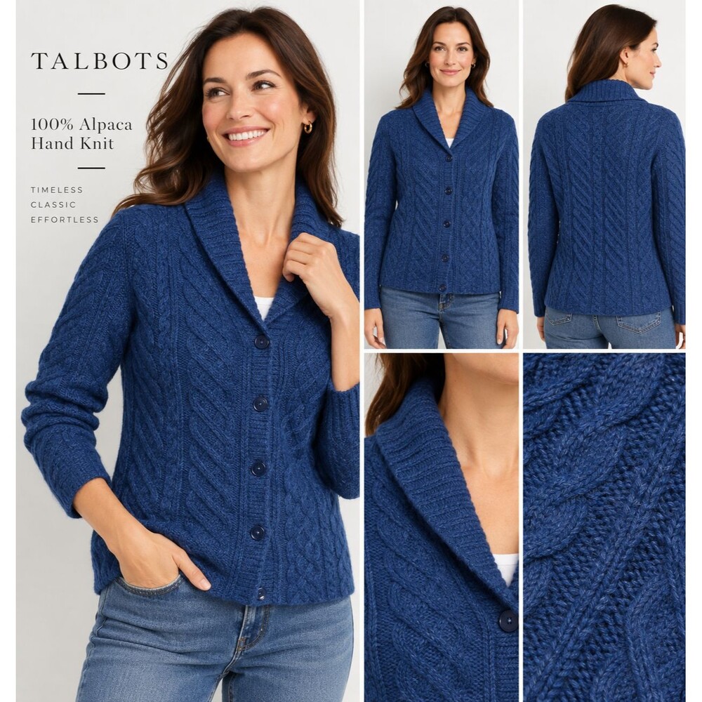 Talbots 100% Alpaca Hand Knit Cable Cardigan Sweater Blue Shawl Collar S